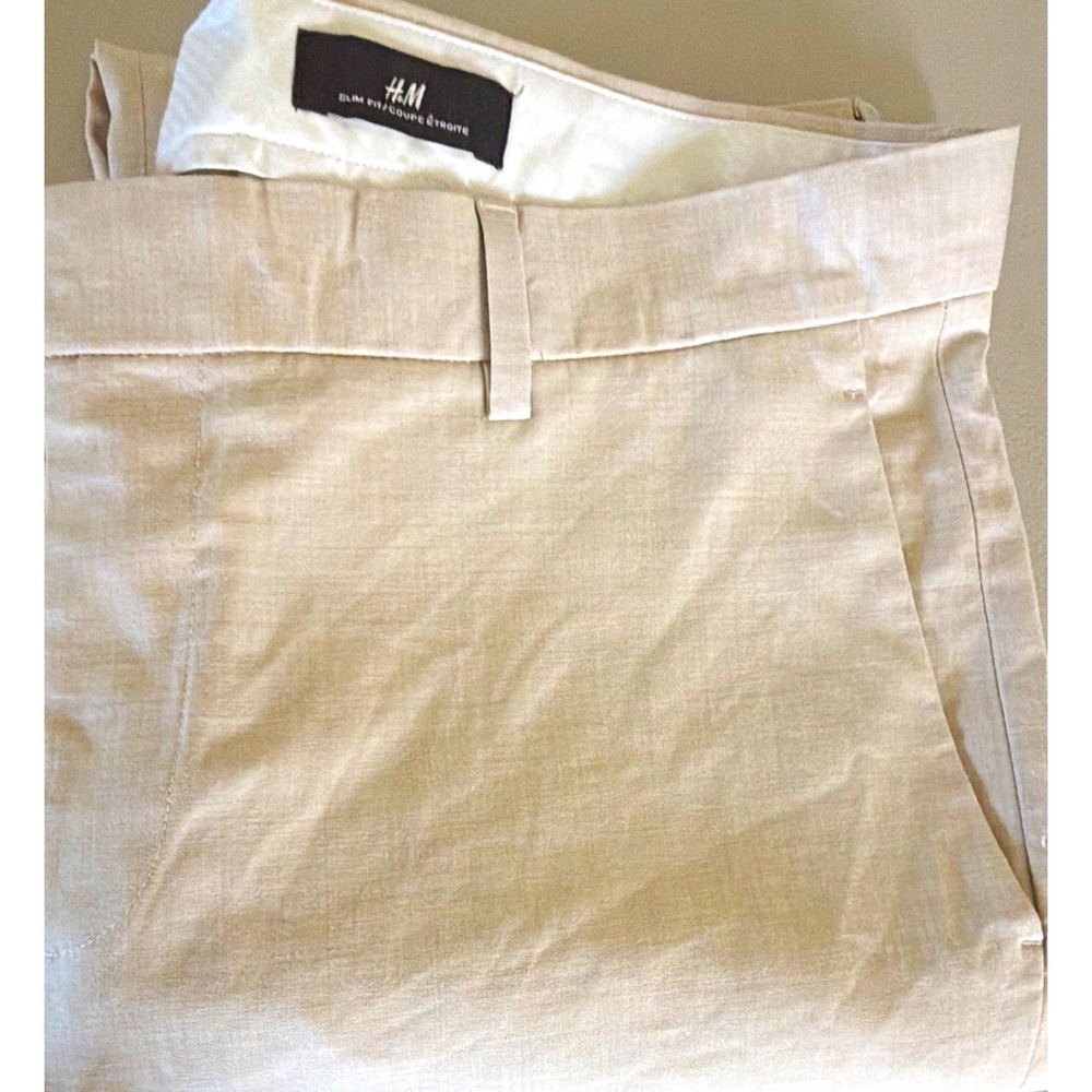 H&M Men's 38x31 Beige Linen Slim Fit Flat Front Straight Leg Dress Pants
